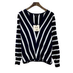 QED LONDON Stripe Navy Blue Sweater V-neck Size M NWT